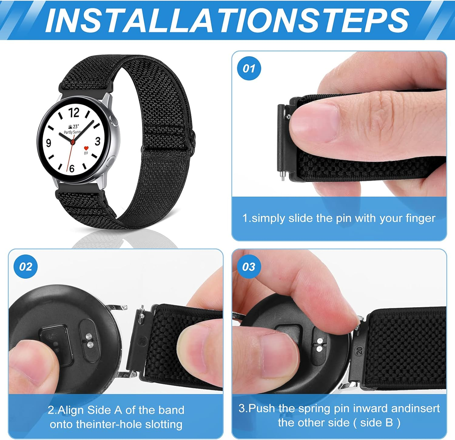 Puhuite Stretchy Nylon Band for Samsung Galaxy Watch 6/5/4,Galaxy Watch 4/6 Classic,Garmin Vivoactive 5/Vivoactive 3,Garmin Venu 2 Plus/Venu Sq/Venu Band,Garmin Forerunner 645/245 Music Elastic Band - Black+Army Green+Beige image number 4