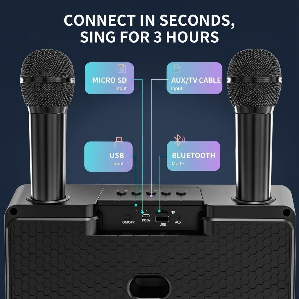 Karaoke Machine with Two Wireless Microphones, Portable Bluetooth Speaker, Karaoke Machine for Adults and Kids, PA System for Home Party, Outdoor, LED Lights, Supports USB/AUX/TF Card Bluetooth image number 1
