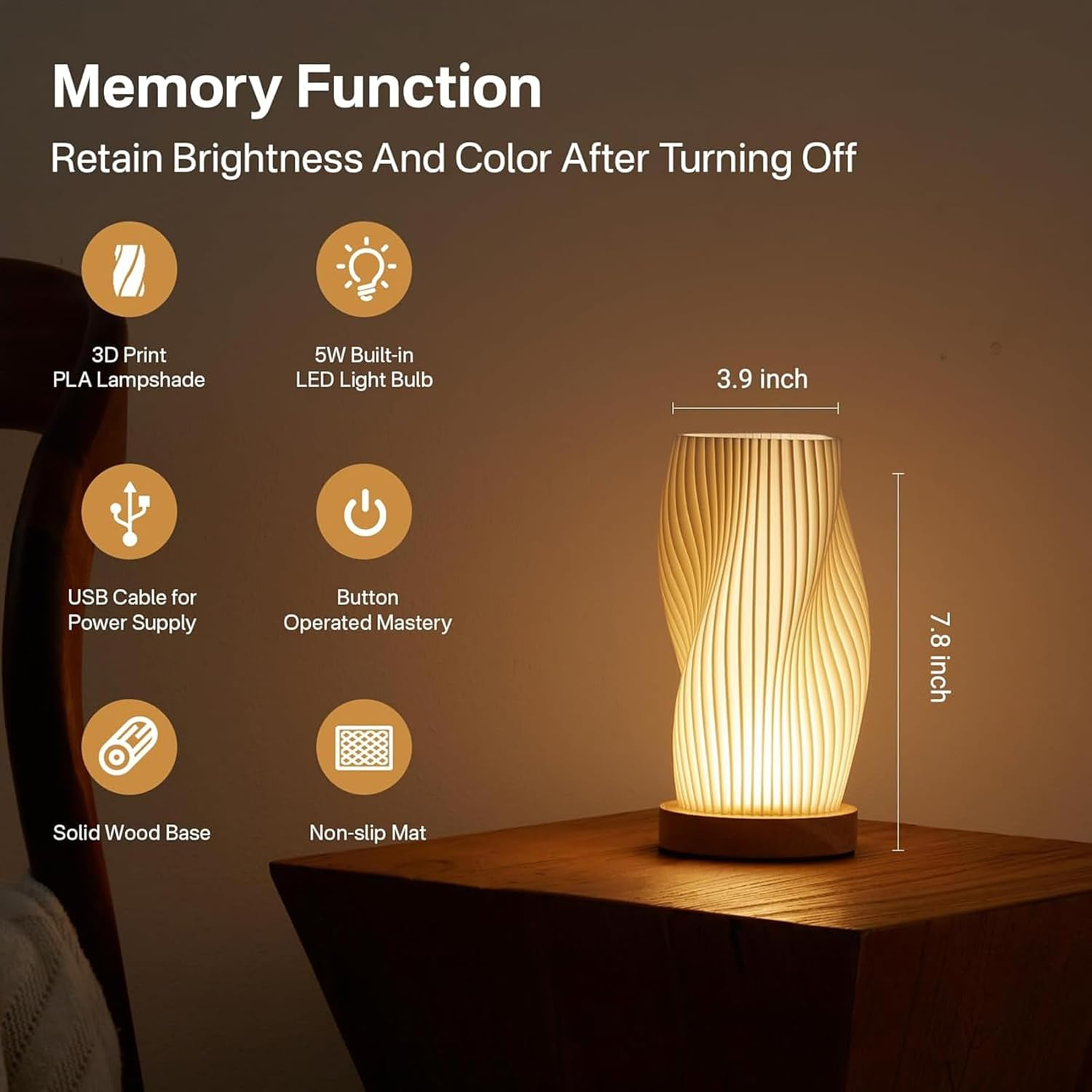 Table Bedside Lamp with Woodbase, Button Control Night Light for Bedroom, Dimmable Nightstand Lamp with PLA Lampshade for Living Room, Kids Room, College Dorm, Office image number 3