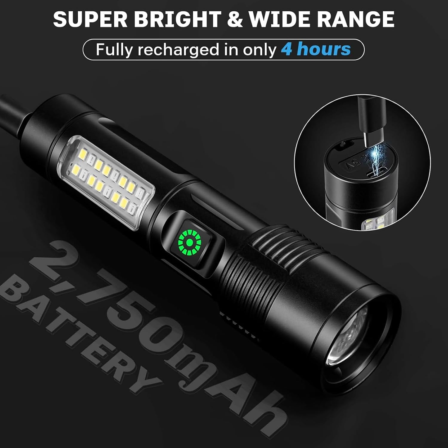 Cinlinso Ultra Powerful LED Torch 100000 Lumens, 2 Pieces Rechargeable Long Life Flashlight, 5 Modes & IP6 Waterproof Zoomable Torch Tactical Flashlish for Camping Hiking Fishing image number 3