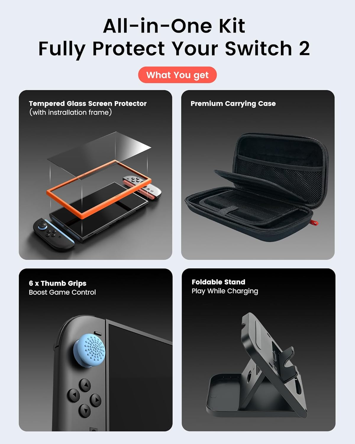 TRANSNOVO Travel Carrying Case Compatible with Nintendo Switch 2 (2025) with 24-Card Slot, 16-In-1 Switch 2 Accessories Kit with Screen Protector, Joycons Keycaps, Foldable Stand & Dust Stopper