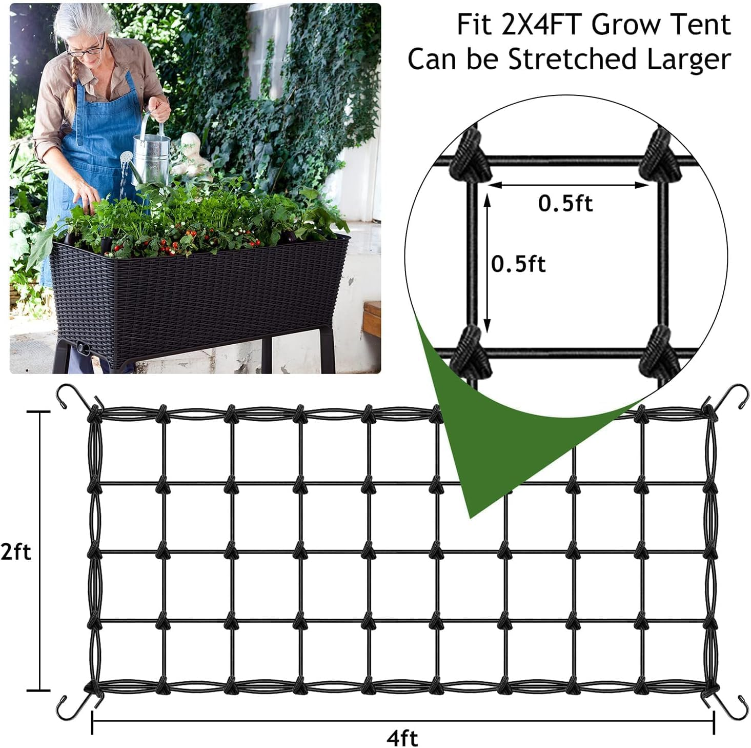 Grow Tent Trellis Netting 2X4', Elastic Netting with Steel Hooks, Flexible Hydroponics Scrog Support for Grow Tents, Gardening, and Horticulture(2 Pack) image number 5