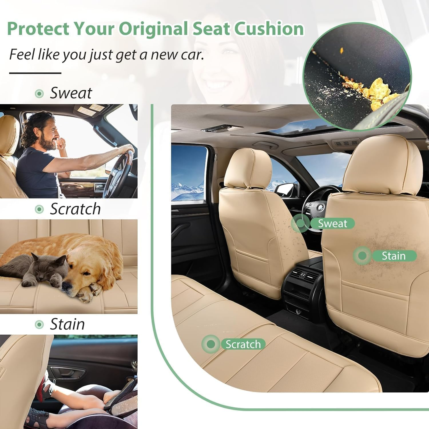 HOMOSTARRY Car Seat Covers, Nappa Leather Car Seat Covers, Waterproof Automotive Seat Covers with Airbag Compatible, Universal Car Seat Protector Fit for Most SUV Sedans Trucks (Beige, Full) image number 4