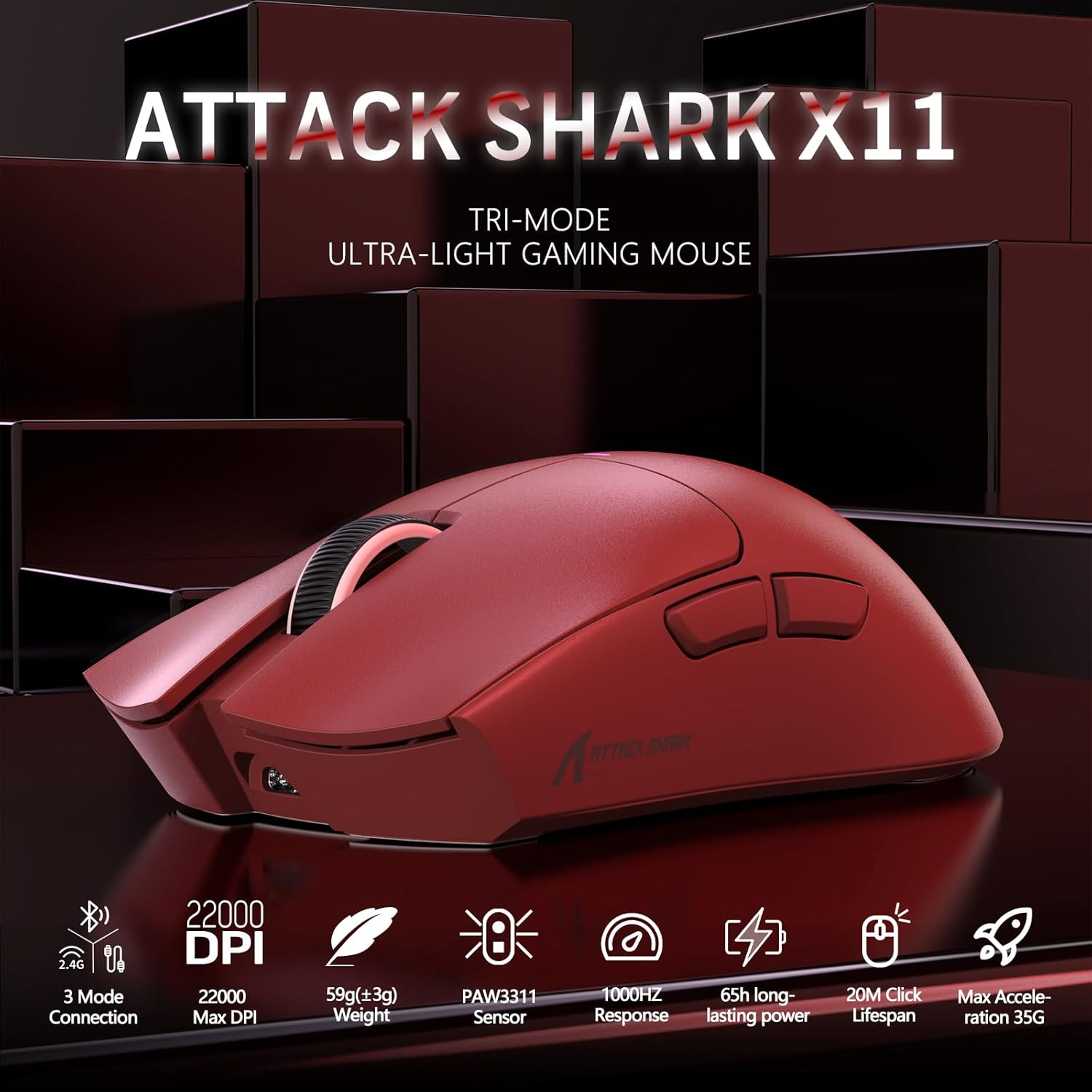 Lexonelec X ATTACK SHARK X11 Wireless Gaming Mouse with RGB Magnetic Charging Dock, Pixart PAW3311 Sensor, Lightweight 59G Tri-Mode Gaming Mouse, Wired/2.4G/Bt, up to 22K DPI for Pc/Mac-Red - Red image number 6