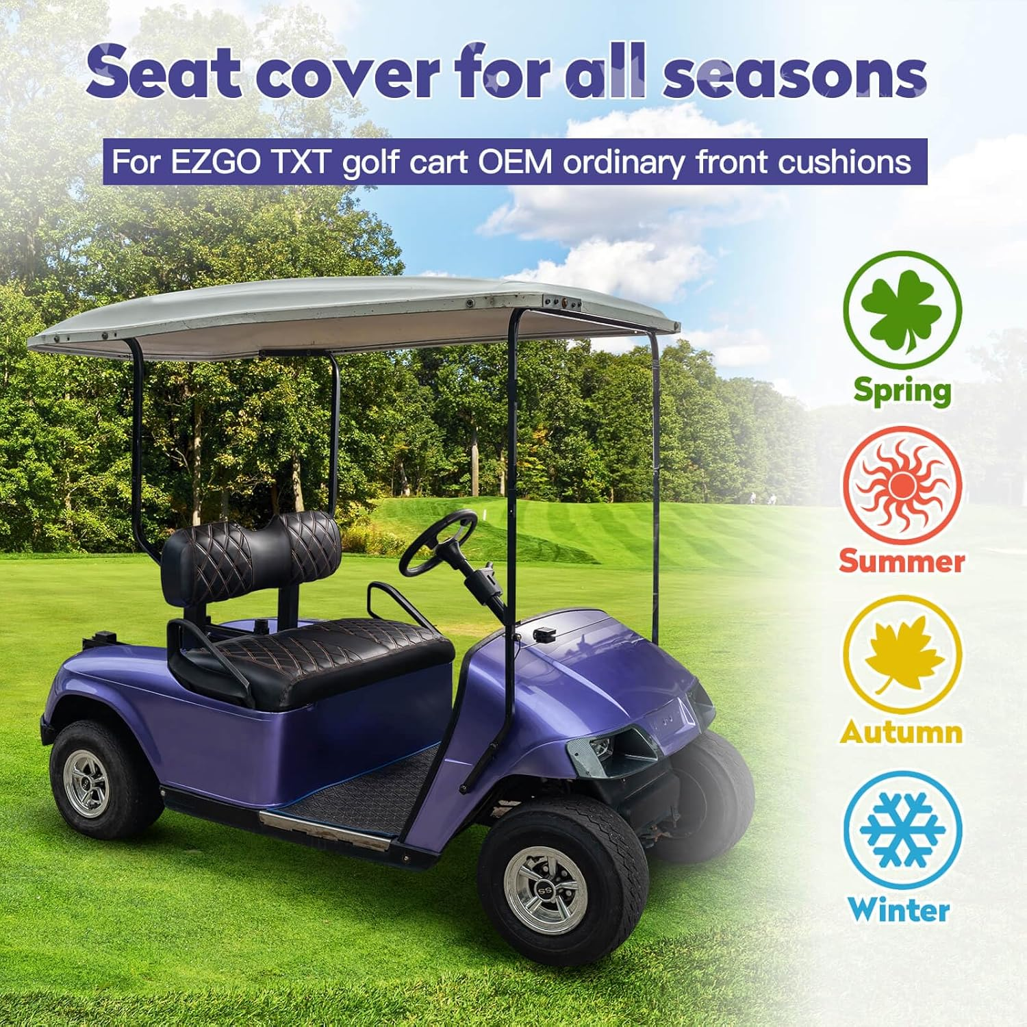 NOKINS Golf Cart Diamond Seat Covers Kit, Fit for EZGO TXT 1994-2013 OEM Ordinary Front Seat Cushion, Golf Cart Vinyl Seat Cover, No Nails Required (Black and Brown Stitching) image number 2