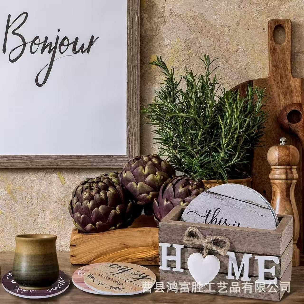 Wood Coasters with Holder,Wooden Coasters for Glasses Drinkings Coffee Table Desk round with Non-Slip Pad Cup Coasters for Home Office Christmas Decor 10 CM (6-Pack Farm House) - 6-Pack Farmhouse image number 2