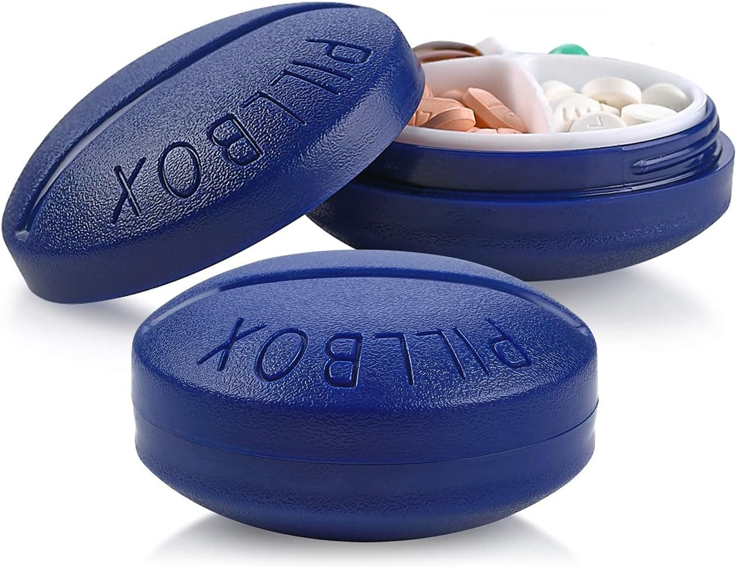 Small Pill Boxes - Pack of 2 - Mini Compact round Portable 4 Compartment Travel Pills Case Organizer, Vitamin and Medication Dispenser Holder for up to 4 Times a Day, BPA Free Pill Reminder image number 3