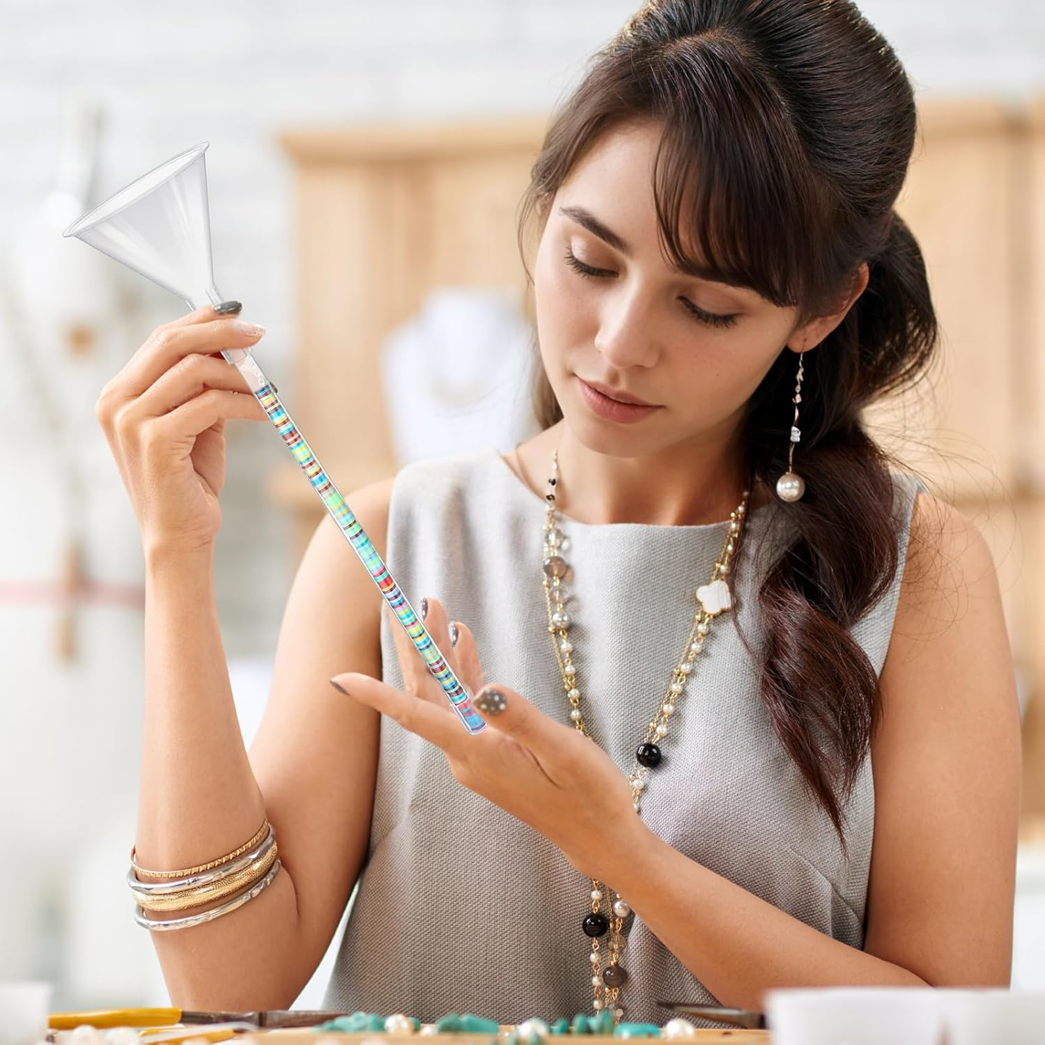 GEEHUA 2 Pack Clay Beads Bracelet Making Kit, Beading Funnel Tools for Jewelry Clay Bead Bracelets Necklace Making with Funnel Tube, Thread Pin, Wire, Clip, Spoon, Plug, Measuring Ruler image number 5