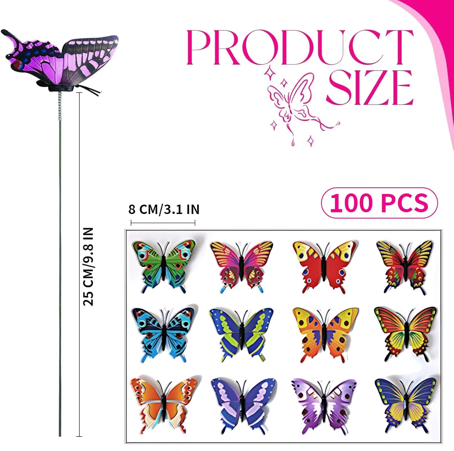 Zalizr 100 Pcs Colorful Butterfly Garden Stakes, PVC Waterproof 3D Butterfly Yard Decorations, Party Supplies for Indoor & Outdoor Use, Patio, Plant Pots, Christmas Garden Decor