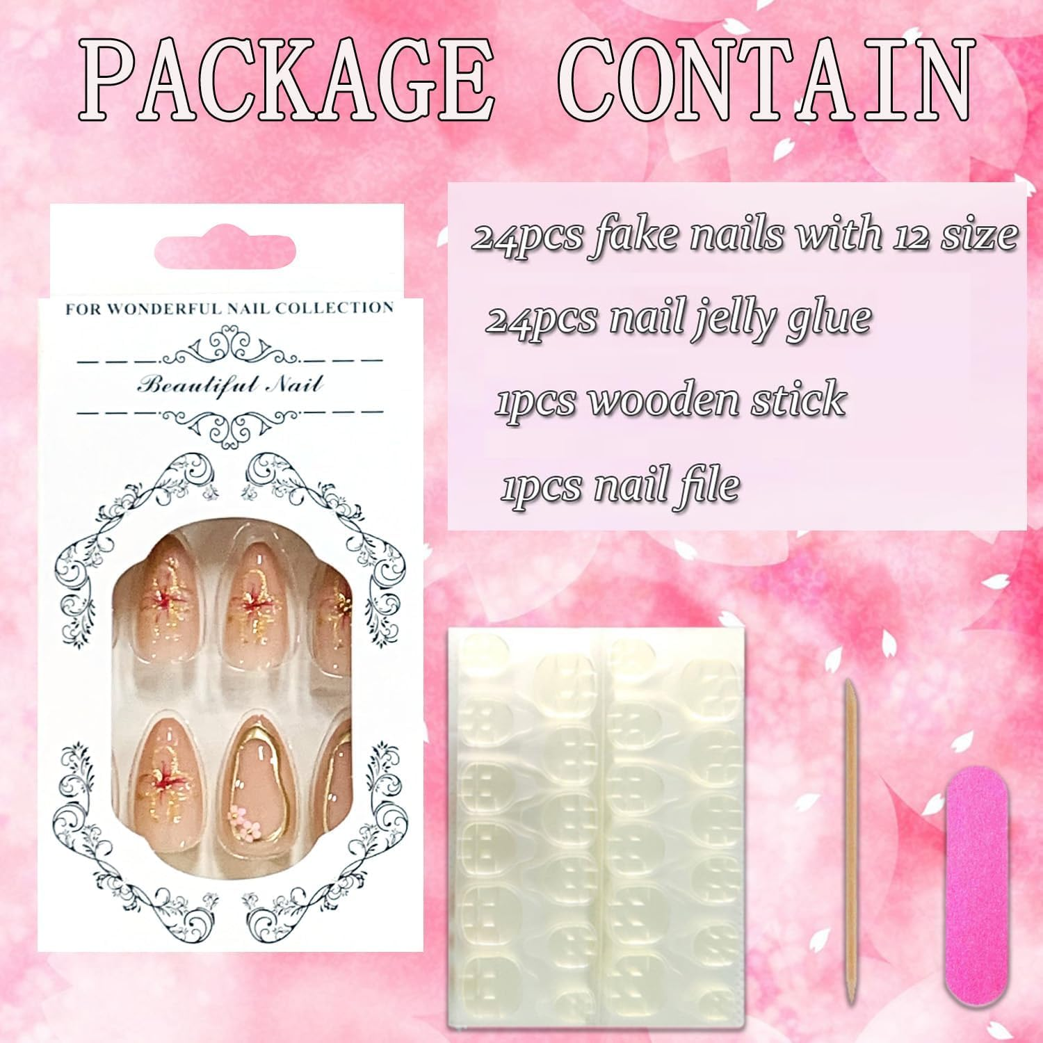 24 Pieces Press on Nails French Short Nails with Soft Gel Short Almond Nails Fake Nails with 3D Flowers & Pearls Adhesive Nails for Women image number 1