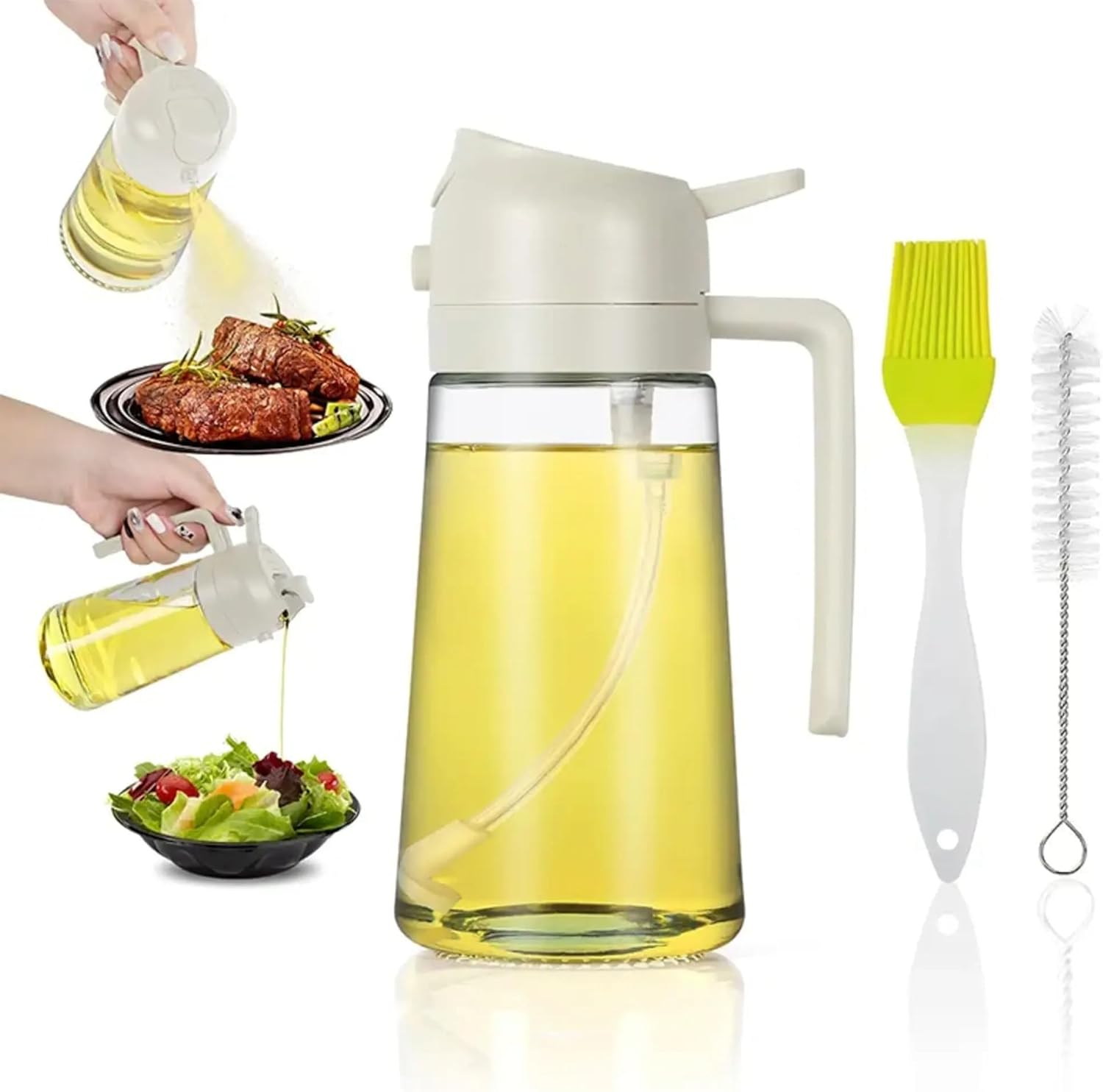 ZIGMART 5-In-1 Glass Oil Sprayer Dispenser Bottle & Durable Oil Sprayer Refillable for Kitchen - High-Quality Oil Sprayer for Air Fryer, Salad Dressing, BBQ, Pourer & Oil Brush (Black)