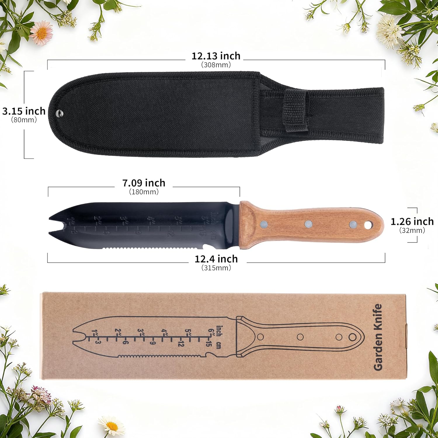 WILLKOMMEN Hori Hori Garden Knife- Garden Tools with Oxford Cloth Sheath, 7" Stainless Steel Blade,Full Tang Beechwood Handle, Ideal for Transplanting, Division, Weeding & Root Care (Forked Tip)