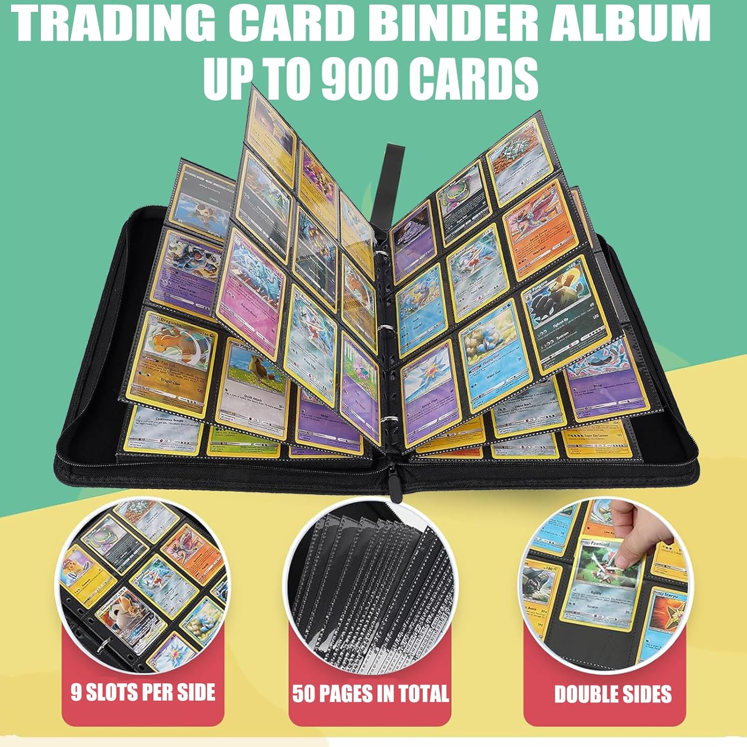 Card Binder with Zipper, Premium Trading Card Folder, 50 Detachable Sleeves for 900 Cards, Double Sided 9 Pocket Card Holder Carry Case Fit for TCG Yugioh Trading Cards, Toys for Girls and Boys