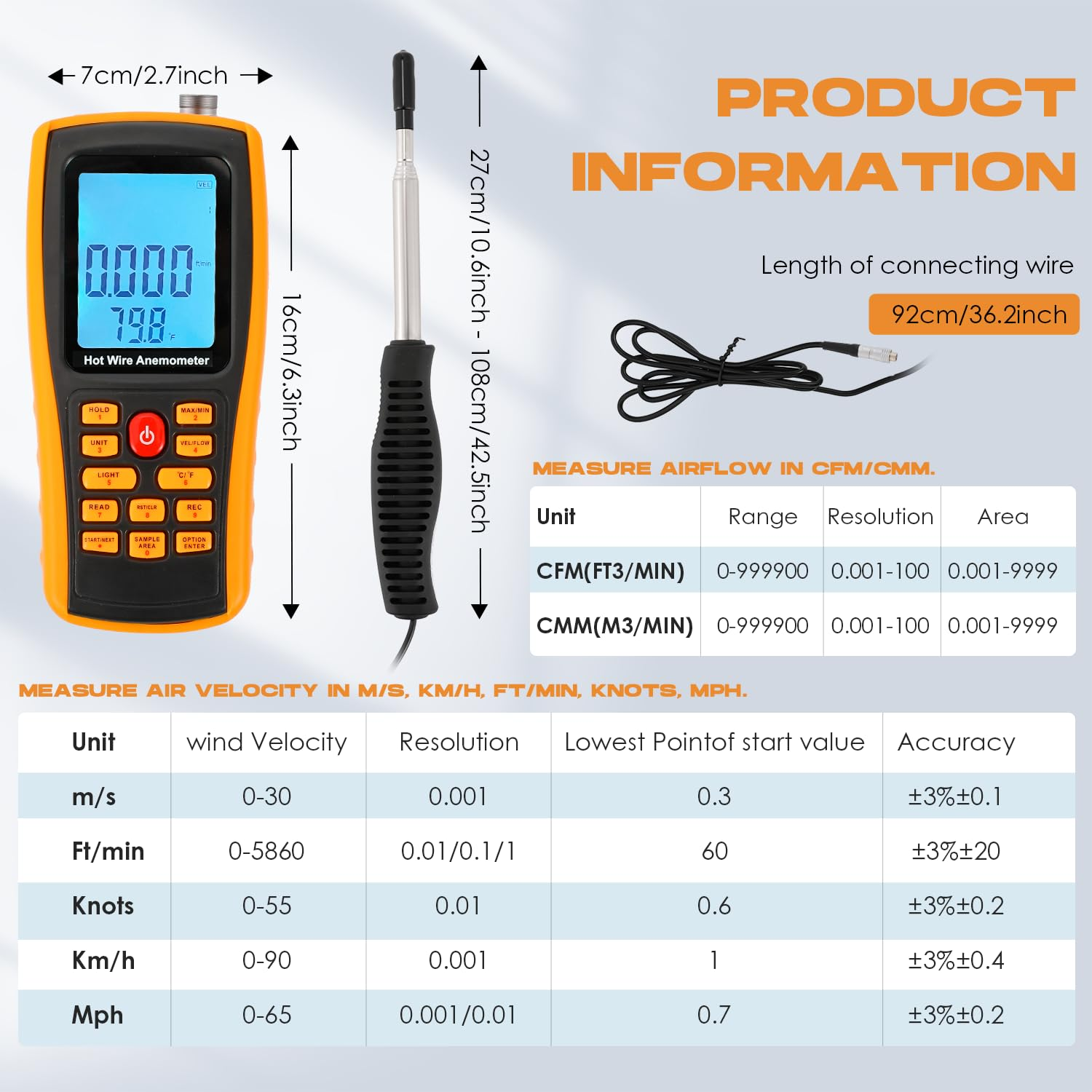 Bonvoisin Hotwire Anemometer Handheld CFM/CMM Air Flow Velocity Meter Wind Speed Gauges with Backlight LCD Display for HVAC In-Duct Airflow Air Velocity Temperature(Thermal Anemometer) image number 2