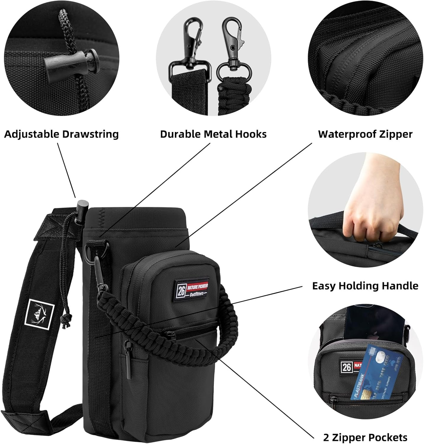 NATURE PIONEOR Water Bottle Carrier with Adjustable Strap - Insulated Sleeve Pouch Water Bottle Holder Bag with Paracord Handle & 2 Storage Pockets for Yeti 26/36/46 Oz, Hiking, Camping, Gym, Travel image number 6
