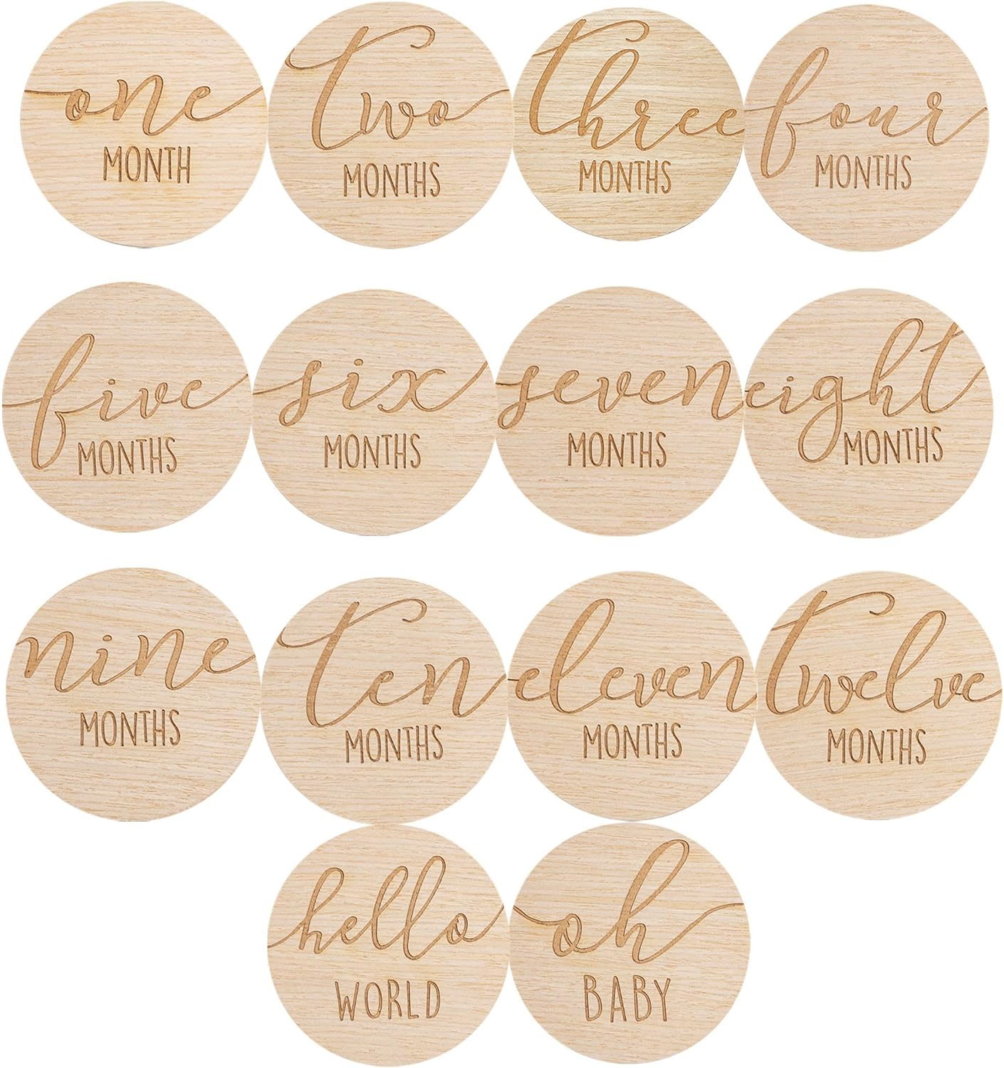 Pearhead Wooden Monthly Milestone Photo Cards - 7 Double-Sided Engraved Discs for Baby Announcement and Milestones, Gender-Neutral Photo Props for Newborn Boy and Girl, Light Wood image number 4
