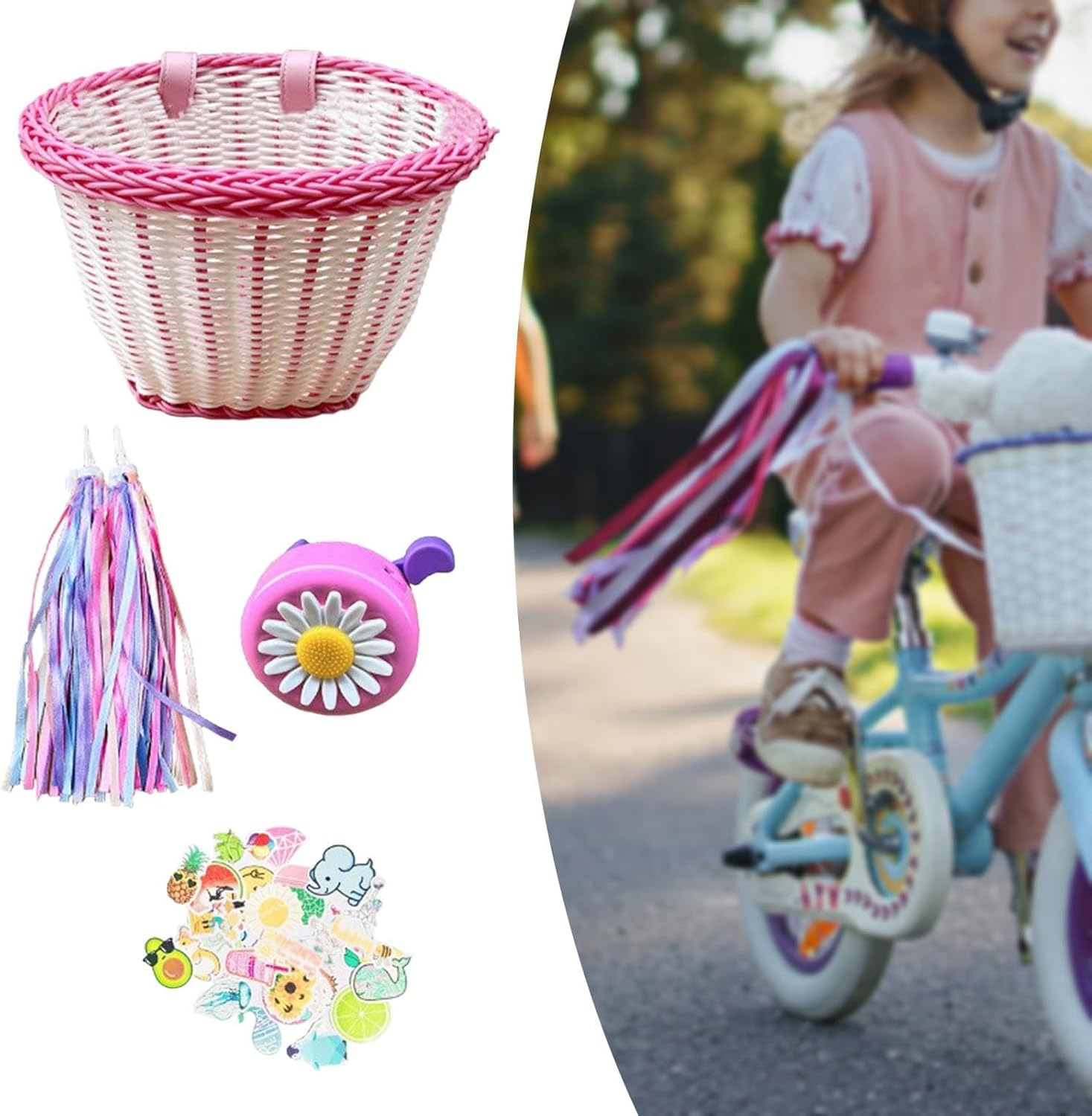 Kids Bike Basket, Kid'S Front Handlebar Basket,Girl'S Basket Kit, Suitable for Most Children'S Bicycles and Kids Tricycles Handlebar (White Pink) image number 3