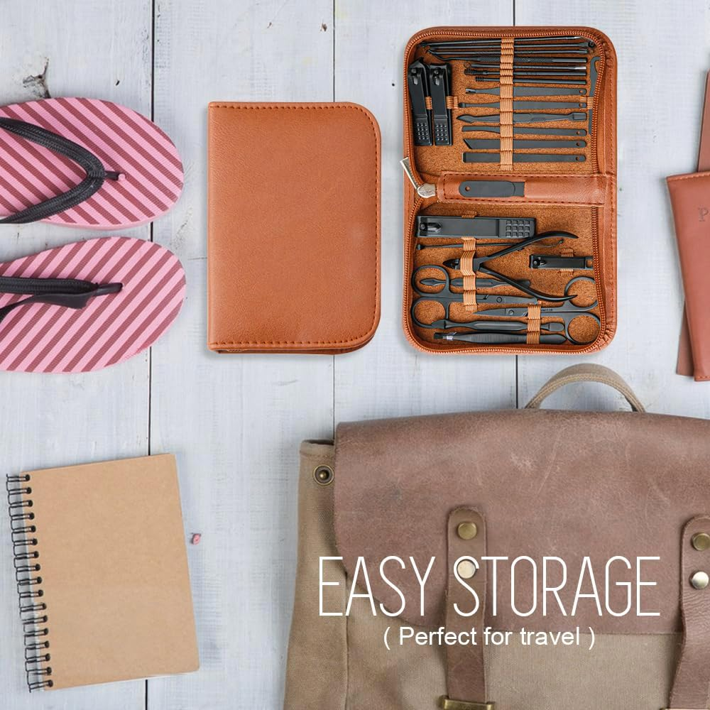 Manicure Set Professional Nail Clippers Pedicure Kit, 26Pcs Stainless Steel Nail Care Tools for Thick Nails, Portable Grooming Care Kits with Travel Leather Case for Home Workplace Travel Gift Giving Salon (Brown)