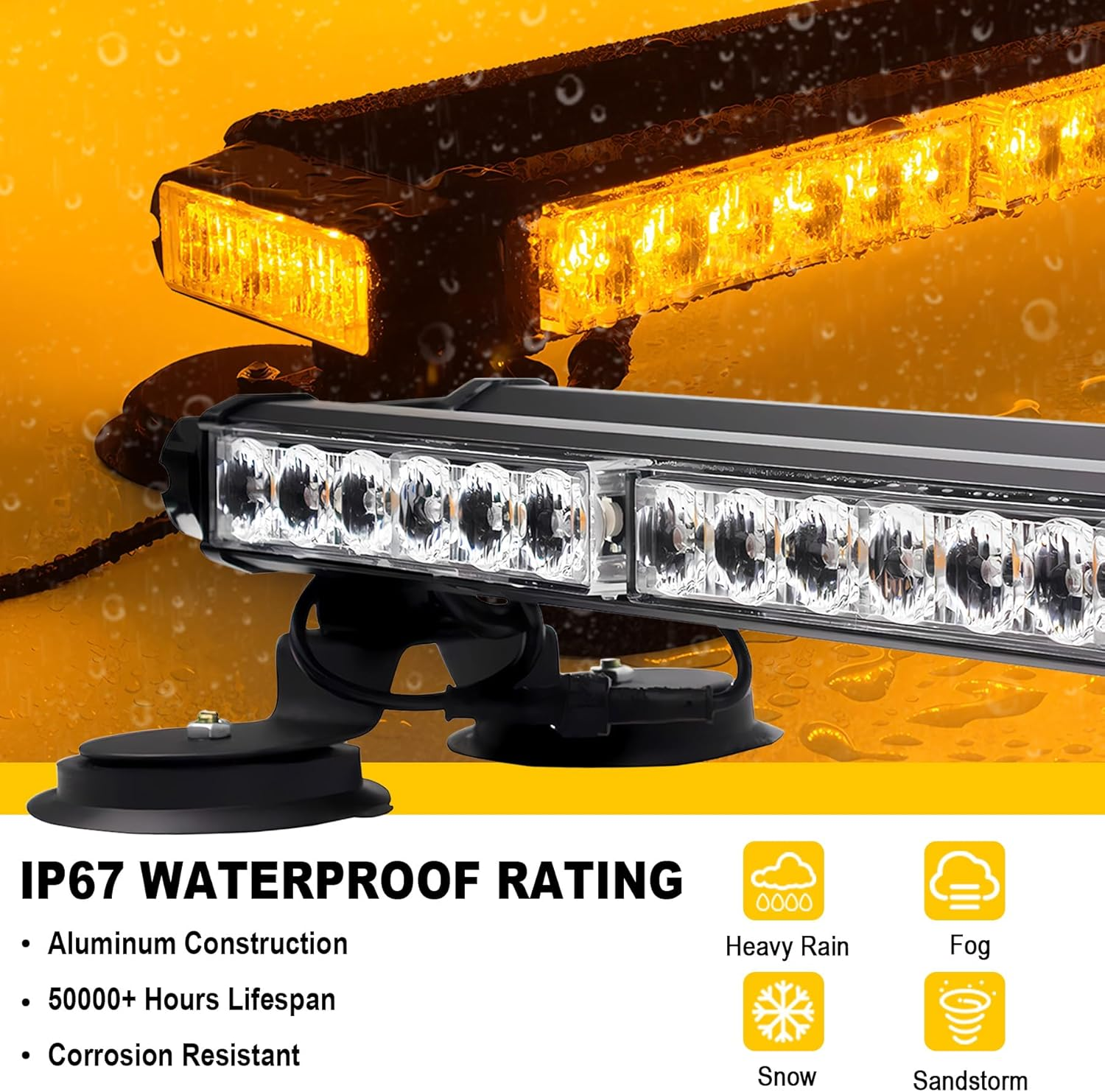 33.5 Inch LED Strobe Flashing Light Bar, 66 Leds Double Side High Intensity Emergency Warning Lights, 12-24V LED Amber Beacon with Magnetic Mounts for Vehicle Car Truck Trailer Roof (Amber) image number 4