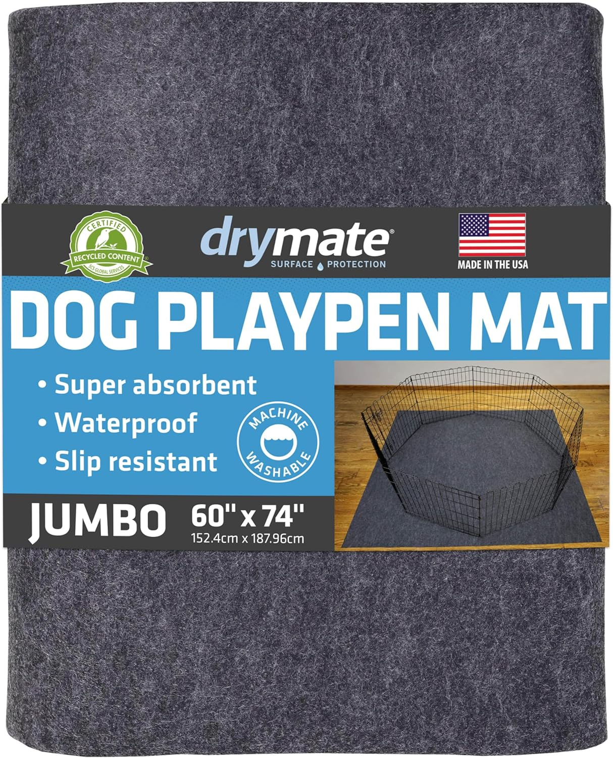 Drymate Dog Playpen Mat, Absorbent, Waterproof, Non-Slip, Machine Washable, XL Size (60&rdquo; X 74&rdquo;), Reusable Puppy Pad for Training, Whelping, Housebreaking, Incontinence, and Crate/Kennel (USA Made) image number 3