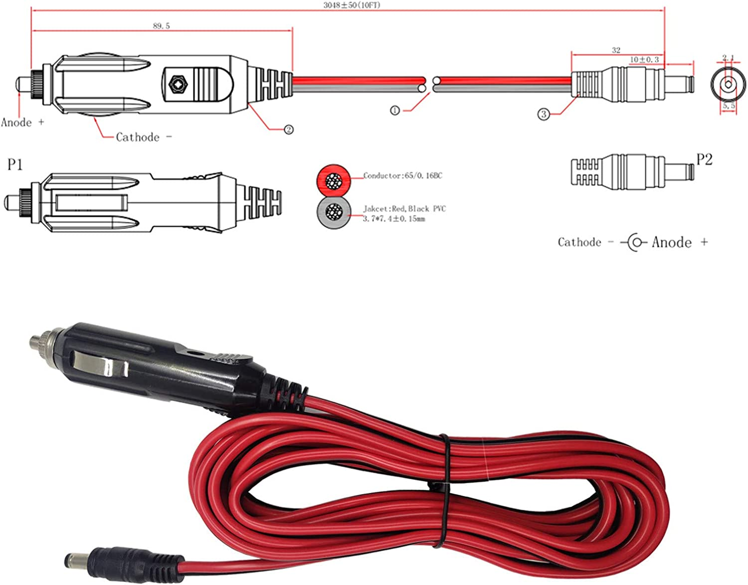 AEISVIK DC Car Charger Cable - 12-24V DC Car Charger Auto Power Supply Cord Cigarette Lighter Male Plug to DC 5.5Mm X 2.1Mm Connector Extension Cord for Portable DVD Player, Car, Camera (10FT) image number 3