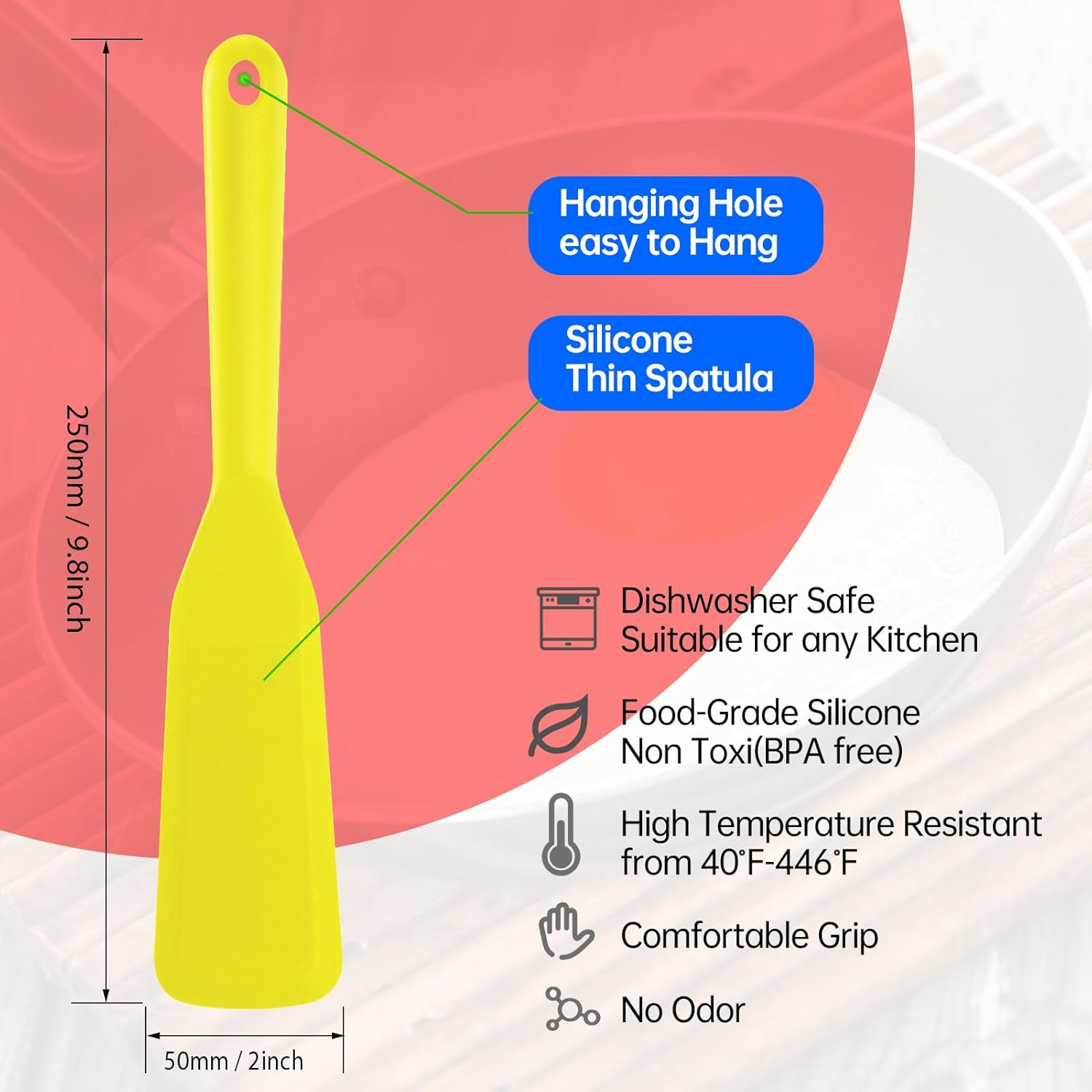 2 Pack Silicone Thin Omelet Turner, Heat Resistant Long Crepe Spatulas for Nonstick Cookware, Pancake Spatula for Egg Cake Pizza Steak Omelet Crepes (Yellow)