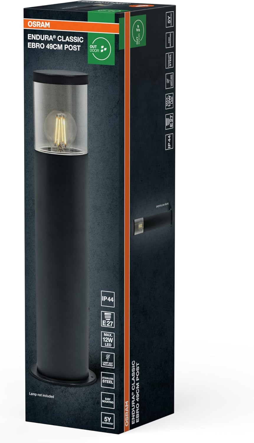 OSRAM Endura Classic Ebro Outdoor Light, Wall Light, Dark Grey, 49 Cm, Stainless Steel, Easy & Quick Installation, IP44 Protection Class, Stainless Steel Housing