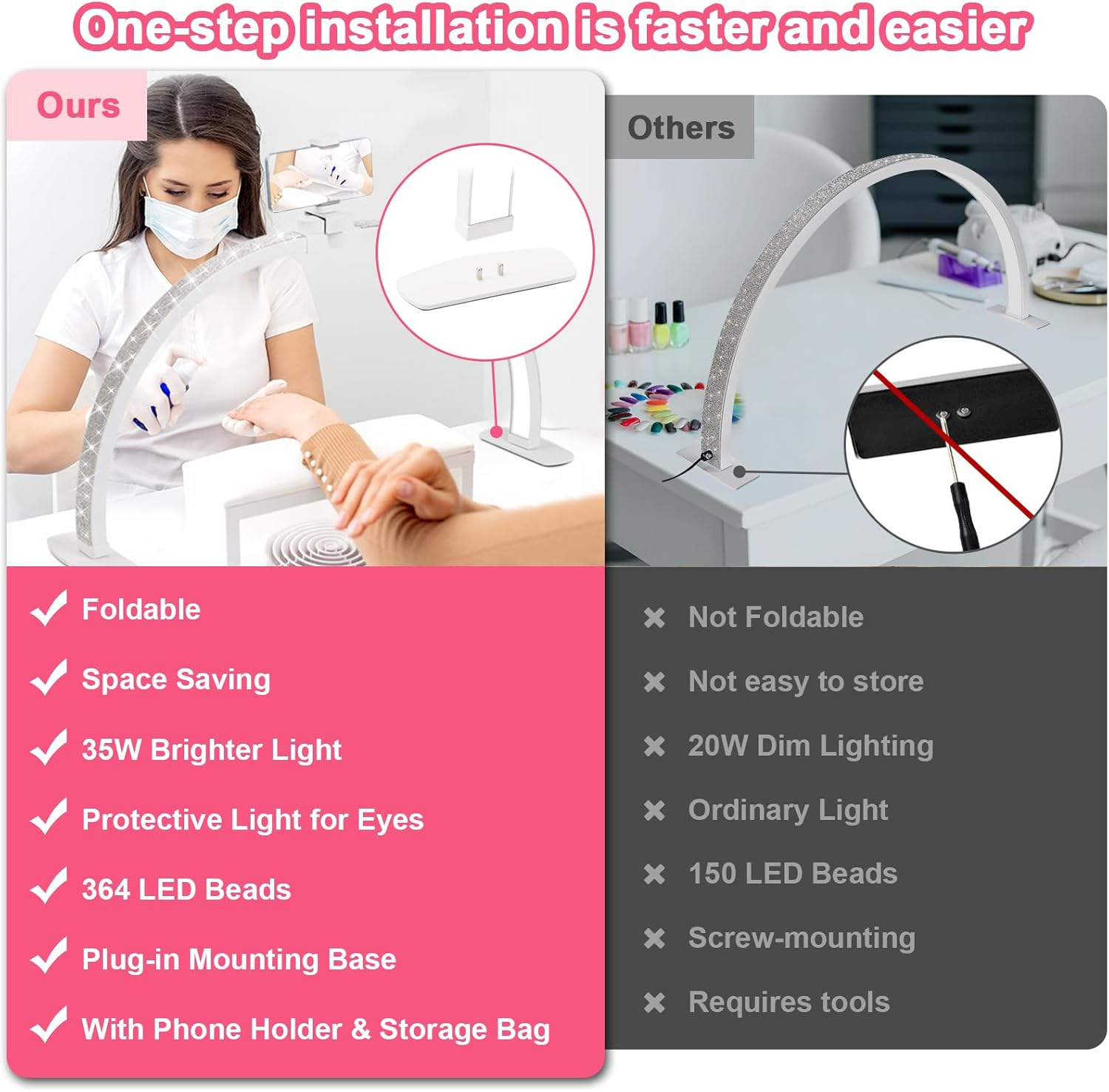 JIUYONG Upgraded Half Moon Light with Phone Holder, 29In Foldable Half Moon Light for Nail Desk, Nail Table Lamp with Stepless Dimming & Color Temperature (Large-29In) image number 1