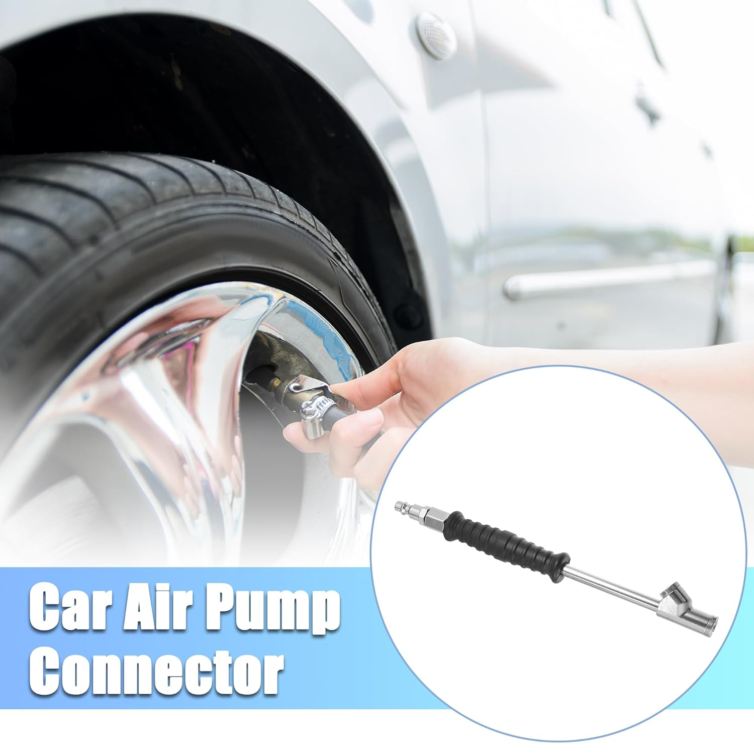 Uxcell 1 Set Metal Dual Head Car Air Tire Tyre Inflator Chuck Valve Silver Tone Black for Tire Inflator Gauge and Air Compressor Accessories image number 1