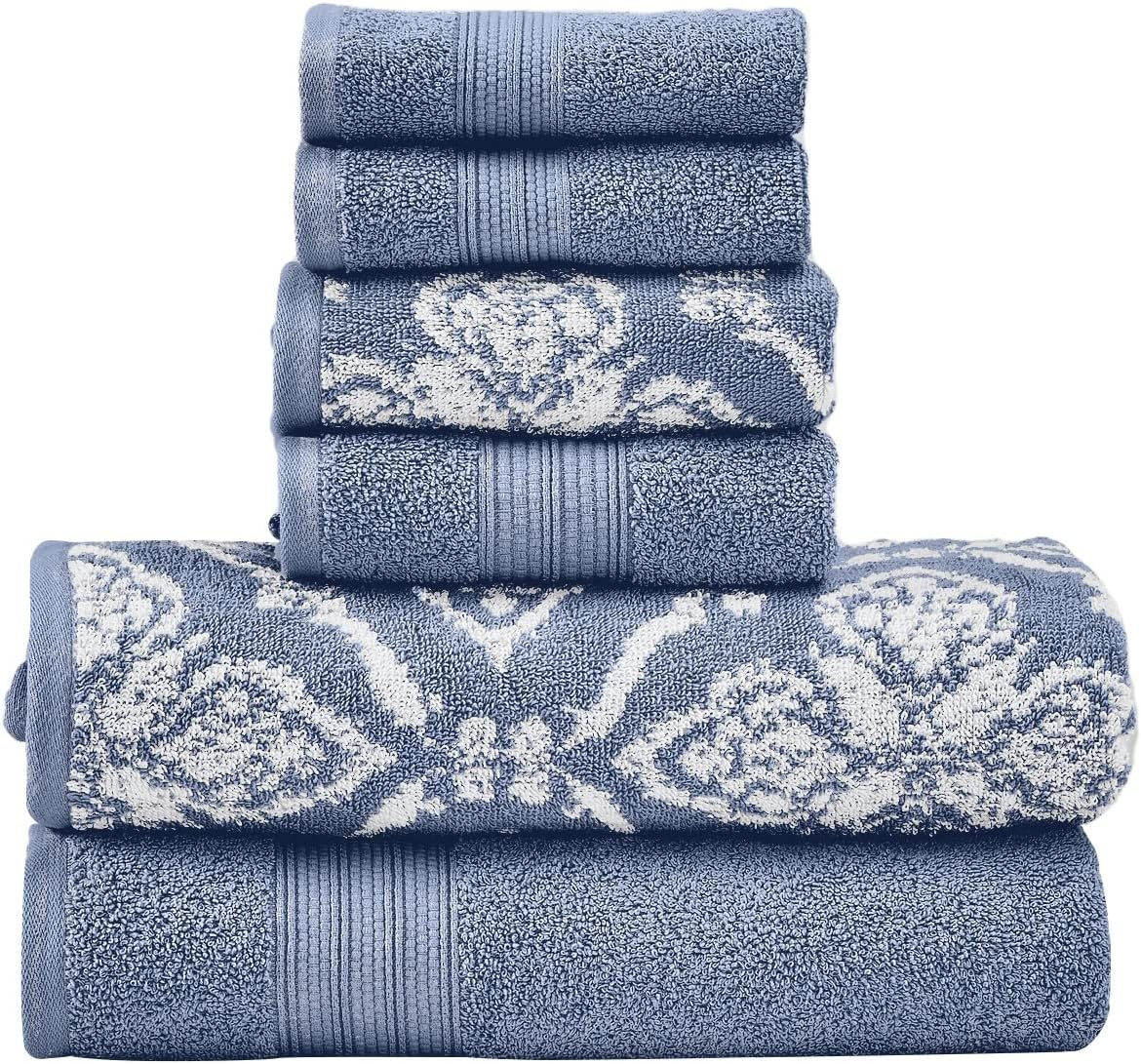 Modern Threads Amaris 6-Piece Reversible Yarn Dyed Jacquard Towel Set - Bath Towels, Hand Towels, & Washcloths - Super Absorbent & Quick Dry - 100% Combed Cotton, Denim
