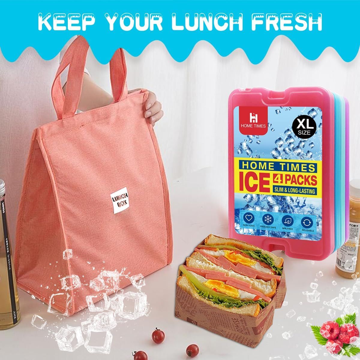 Home Times 4 Pack Slim Thin Reusable Ice Packs for Lunch Boxes, Coolers & Camping - Quick Freeze, Long Lasting Space Saving Freezer Packs, Multifunction Cooler Ice Brick（Built-In Gel） image number 3