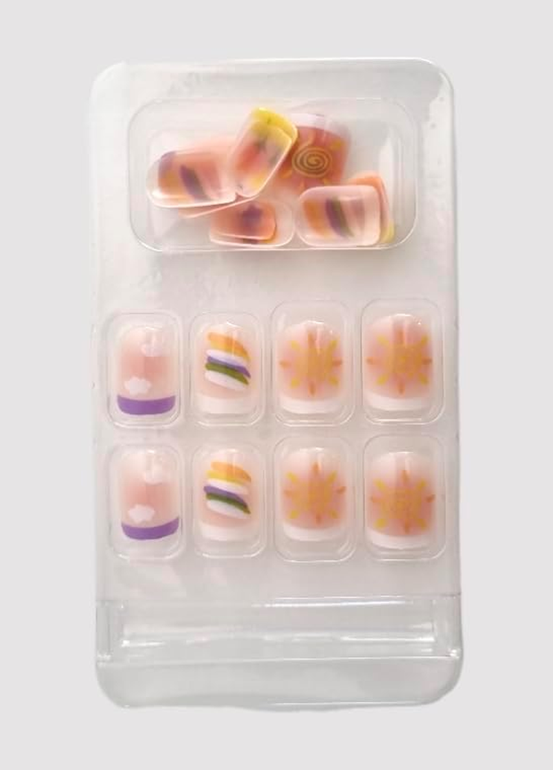 24 Pcs Press on Nails Squoval Shape Full Cover Artificial DIY Nails with Box (Rainbow Sunshine)