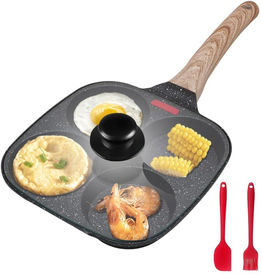 Kitment Egg Frying Pan with Flipping Lid, 4 Cup Omelet Pan for Burger Eggs Ham, Pancake Maker Frying Pot for Breakfast, Egg Skillet, Suitable for Gas, Induction Stoves, Nonstick, Wooden Handle