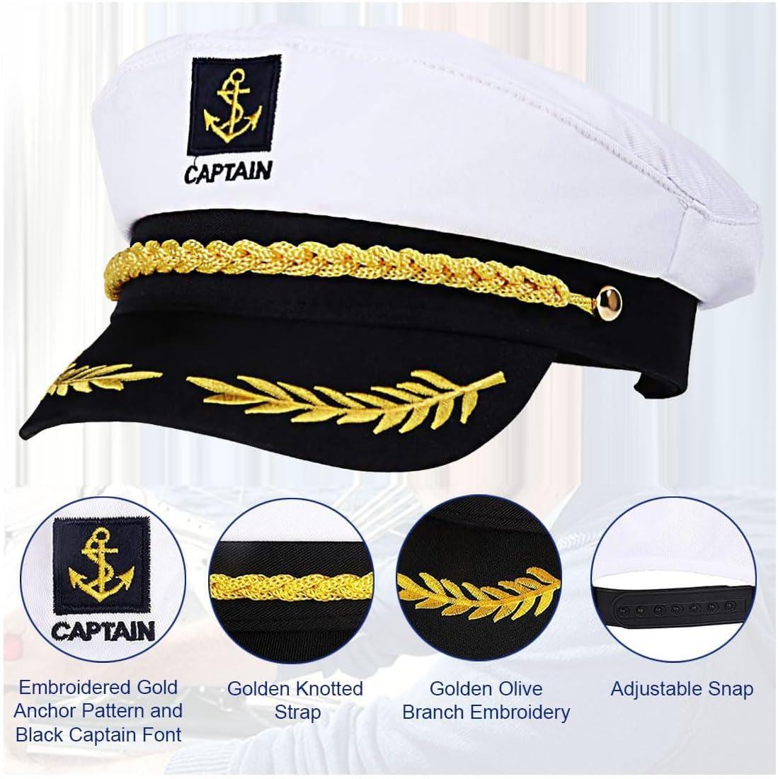 Yacht Captain Hat,Costume Accessory for Navy Masquerade Party,Marine Admiral Adjustable Hat image number 6