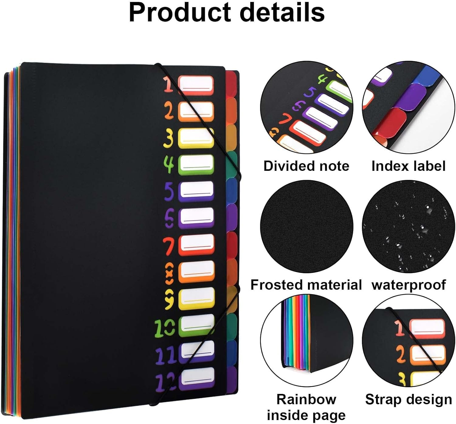 Expanding File Folder Project Binder A4 Organizer Desk Binder 12 Compartments 24 Pockets Plastic Accordion Document Organizer Colorful File Folders for School Office Supplies, Black