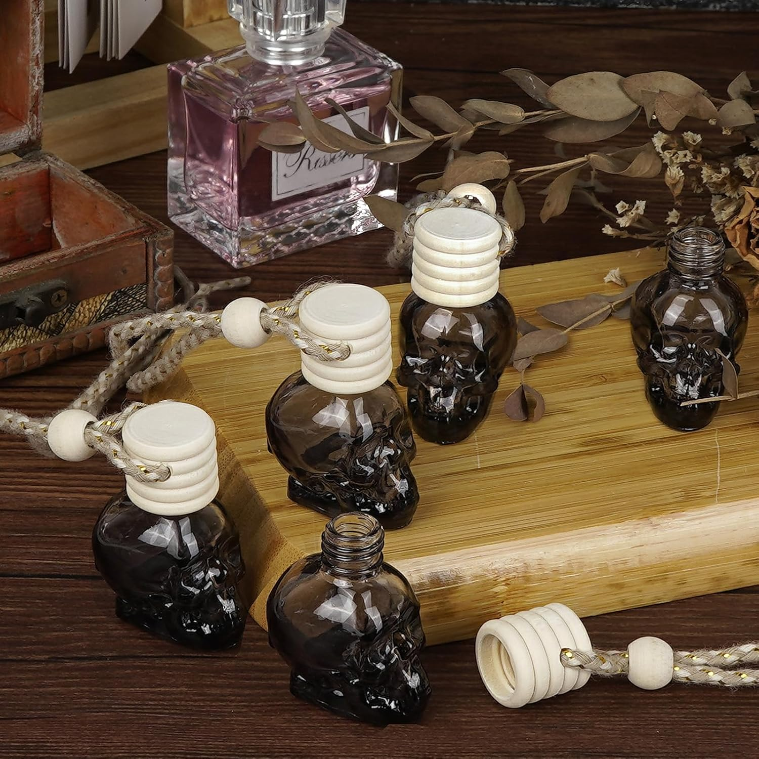 JANKOW Skull Air Freshener Car Hanging, Car Air Freshener Cars Diffuser Bottles, Refillable Perfume Bottles Pendant Auto Interior Decor for Essential Oil Fragrance Aromatherapy Bottle Ornament (6 Pcs) image number 1