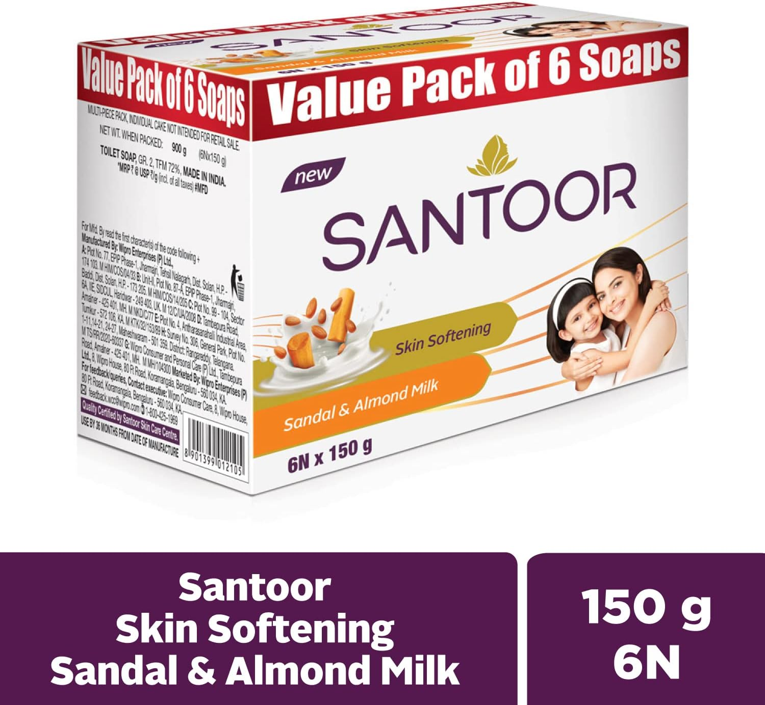Santoor Sandalwood and Almond Milk Organic Soft Bath Soap for Softer, Smoother and Moisturised Skin, Combo Offer 150 G Pack of 6 image number 4