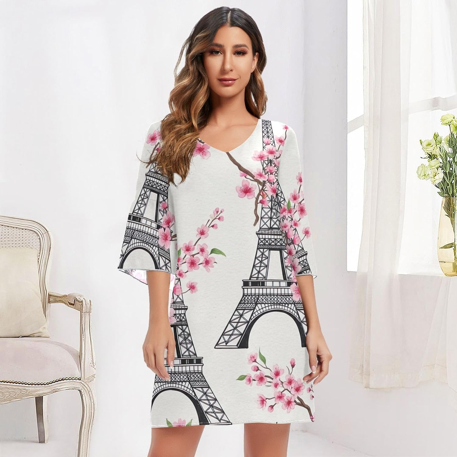 Towers Pink Flowers V Neck Line Dress Printed Line Maternity Dress image number 4