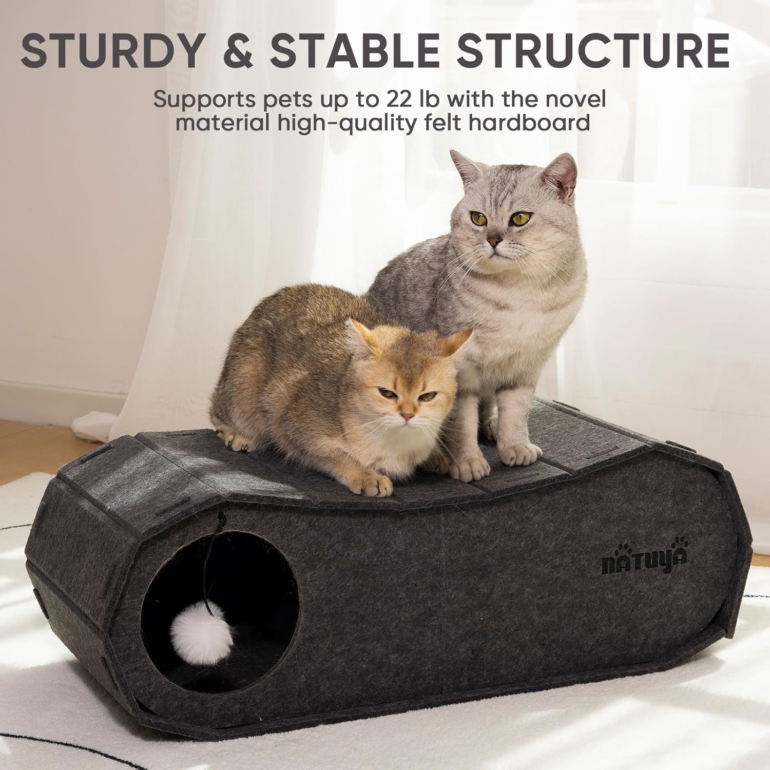 NATUYA Cat Scratching House,Cat Cave Bed for Indoor Cats, Cat Tunnel House for Multiple & Large Cats up to 10KG, Scratch Resistant Felt Cat Caves, Foldable Cat Hideaway Bed (70 X 29 X 24Cm，Black) image number 5