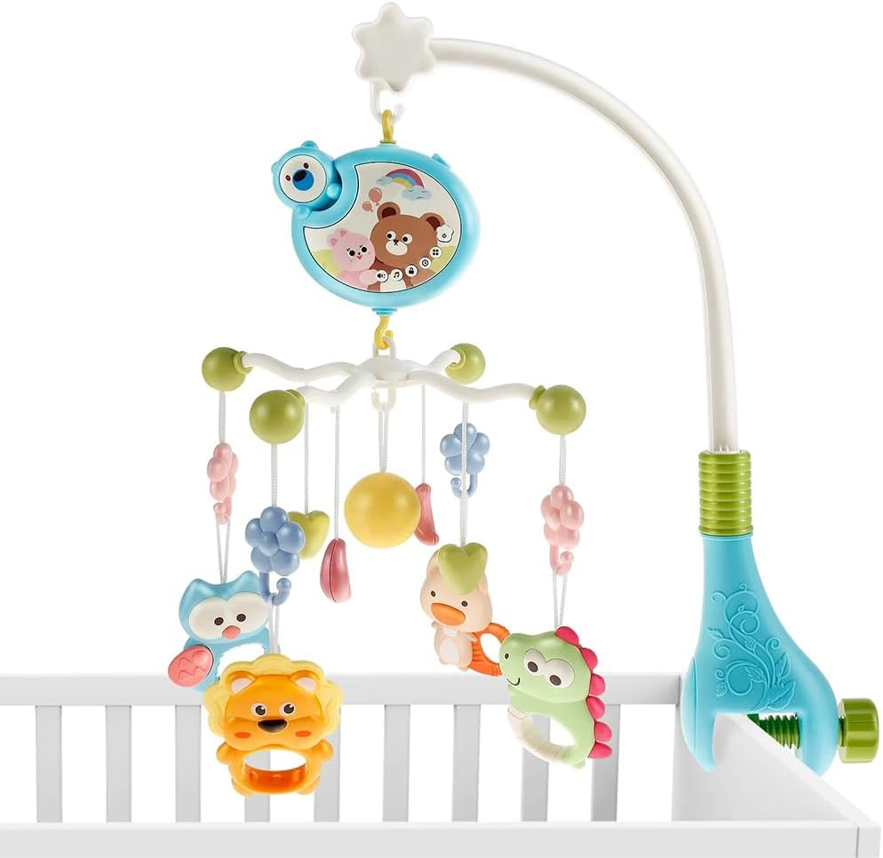 Baby Mobile for Crib, Crib Mobiles with Music and Lights, Nursery Musical Mobile for Bassinets Toys Hanging Girls Boys, Musical Mobile Arm for Pack and Play, Space Portable Animal Mobile Clip On