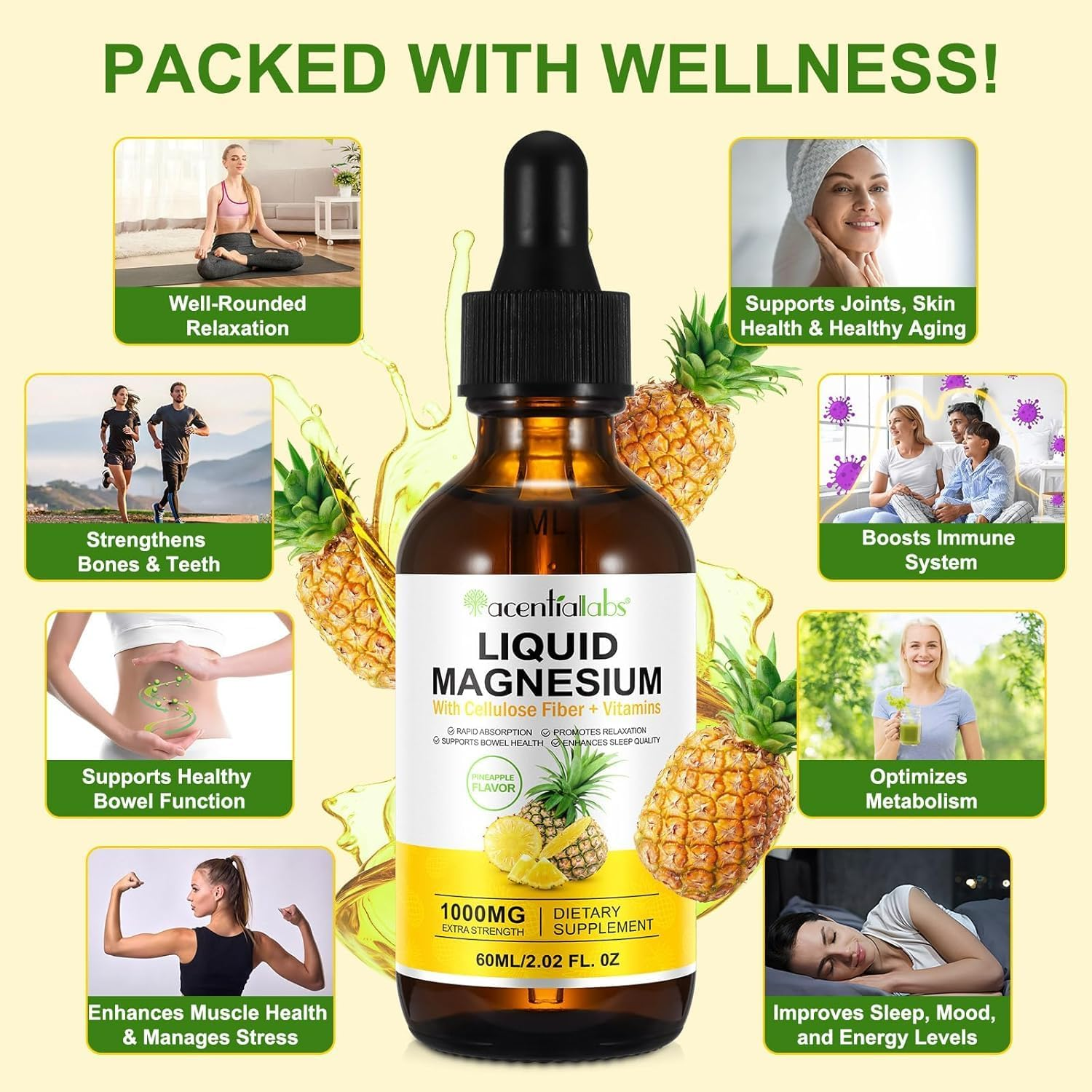 Liquid Magnesium 1000Mg | Magnesium Glycinate Liquid Drops with Cellulose Fiber, Bromelain, Vitamin B6, C, D, Zinc | Supports Muscle Relaxation, Sleep, Heart Health & Stress Relief | High Absorption Formula, Non-Gmo, Sugar-Free, Vegan Supplement | Pineapple Flavor | 60Ml image number 3
