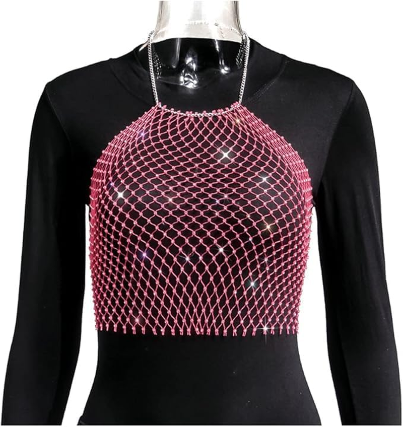 Women See through Mesh Diamond Tank Tops Hollow Out Beach Cover up Crop Tops for Rave Festival