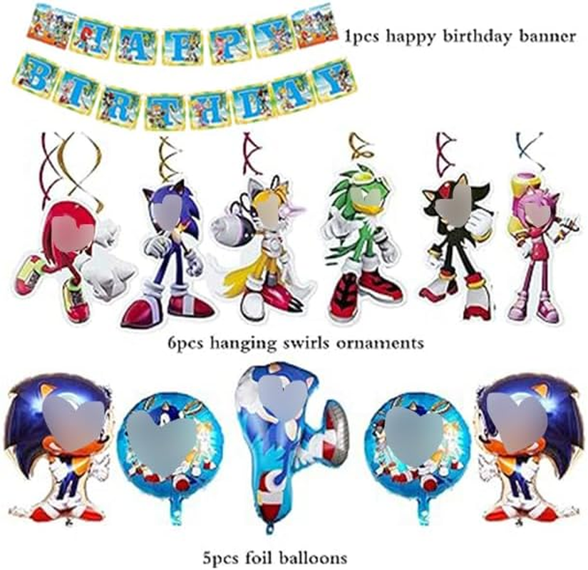 Smileh Birthday Decoration Sonic the Hedgehog Balloons Happy Birthday Banner Hanging Swirls Ornaments for Kids Birthday Party Decoration Birthday Gift image number 3