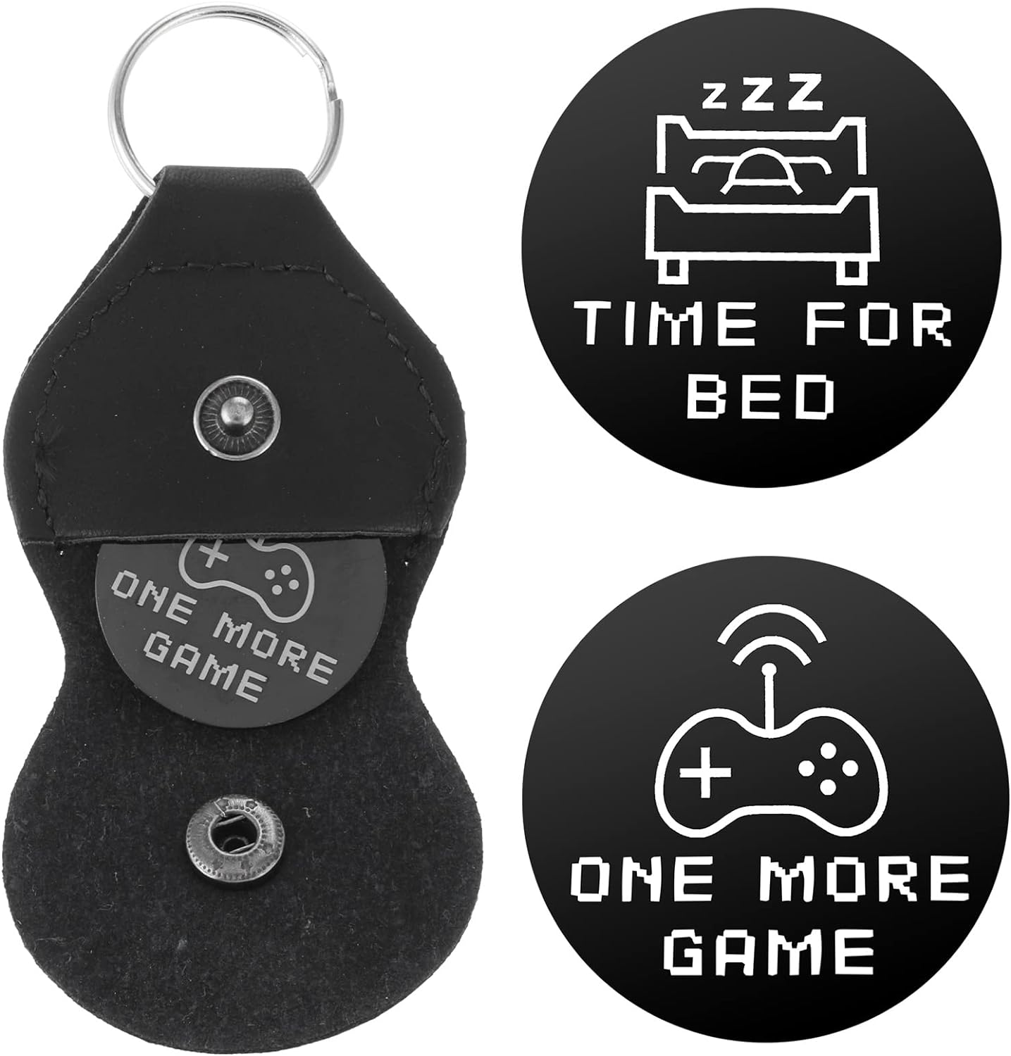 Cobee Funny Destiny Flip Coins, Double Sided Gaming Novelty Coin One More Game/Go to Bed Pocket Hug Token with Leather Keyring Stainless Steel Decision Maker Coin Gifts for Boyfriend Girlfriend, Black image number 4