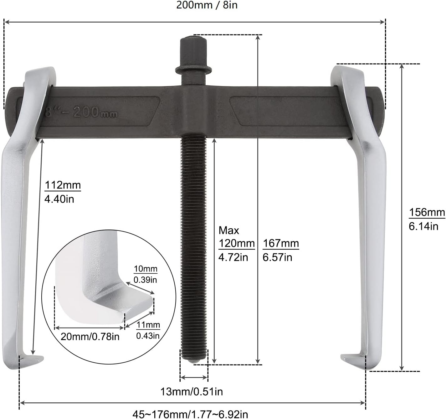 8 Inch CR-V 2-Jaw Gear Puller, Adjustable Bearing Puller Gears, Reversible Removal Tool for External Internal Pulling, Single Hook Two Claws Puller Tool Separate Lifting Device image number 5