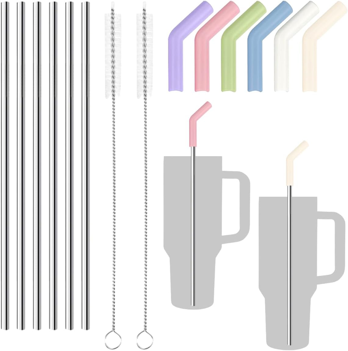 Stainless Steel Straws, Reusable, 6 Pieces Stainless Steel Straws with Silicone Tips, 30 Cm Metal Straw for Stanley Cup, Metal Straw with Cleaning Brushes for Cocktail, Smoothie and Juices, Straight image number 4