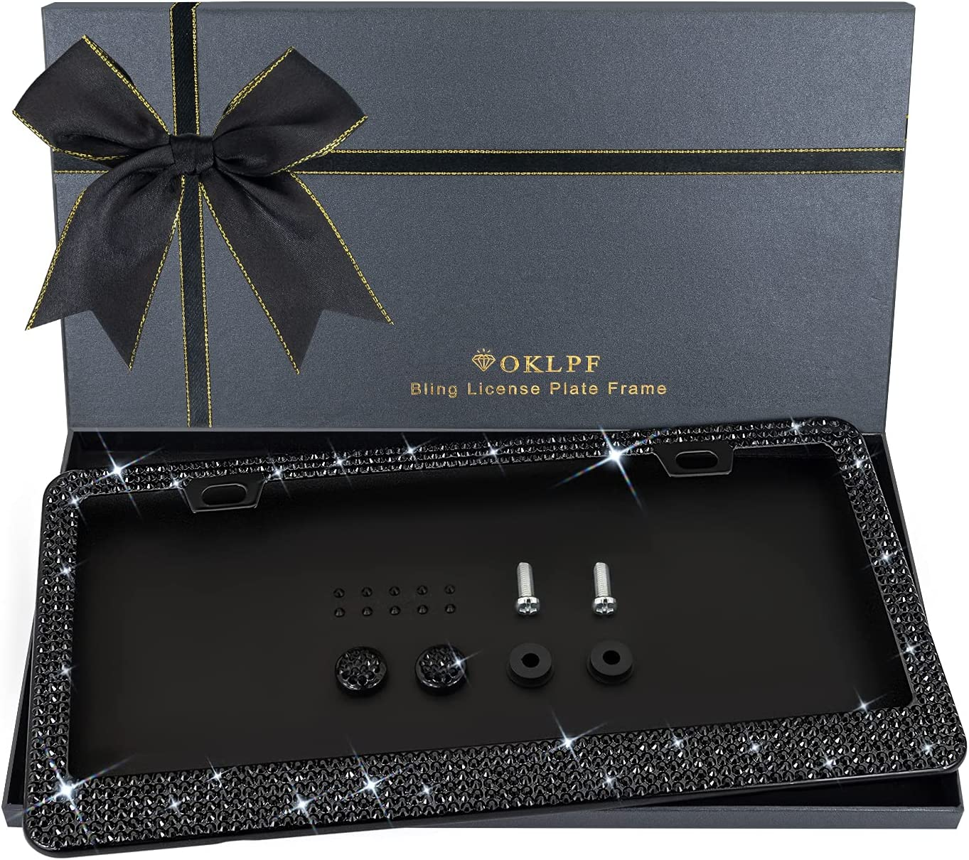 Bling License Plate Frame for Women, 1PCS Sparkly License Plate Frames| over 1200 Pcs 14 Facets Bedazzled Clear Glass Diamond Rhinestone Crystals W/Free Glitter Diamond Box (Champagne)