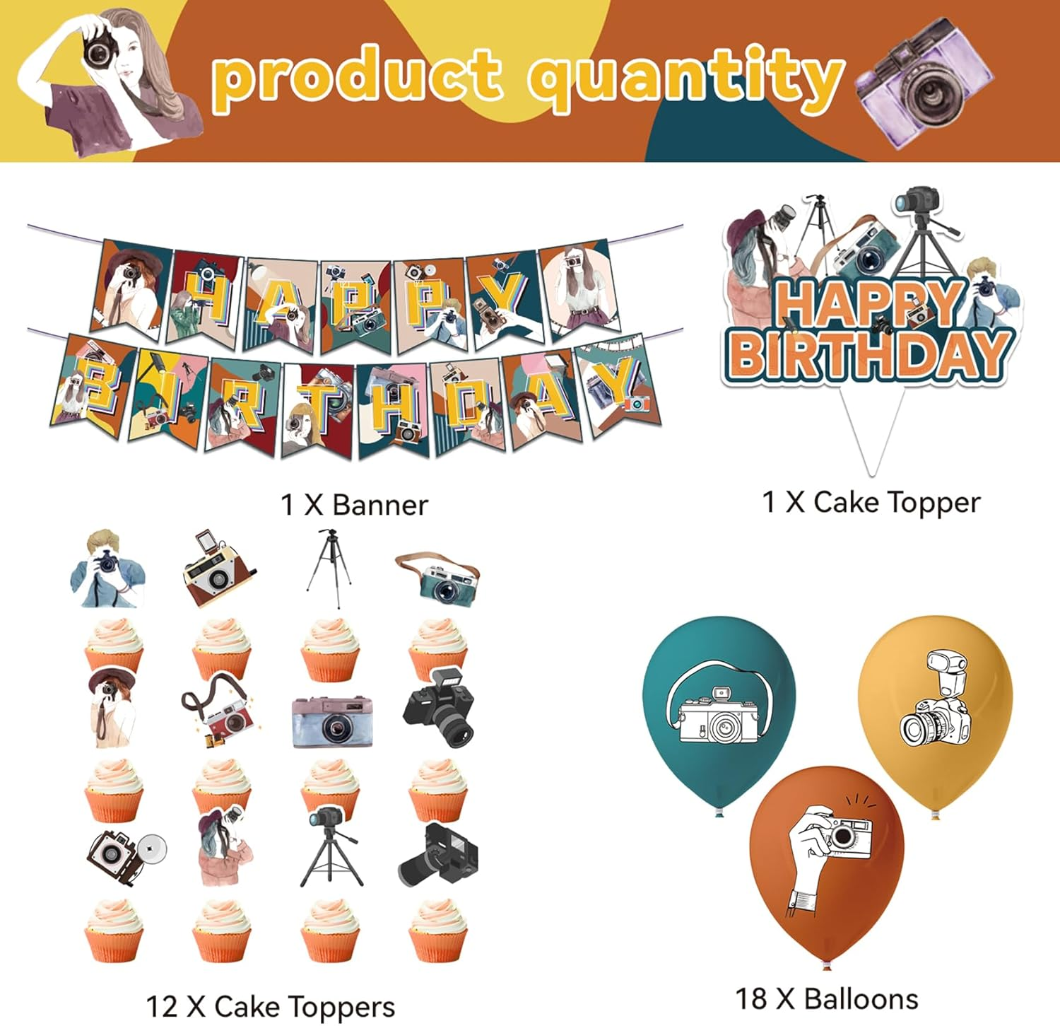 Photography Party Decorations Photography Birthday Party Supplies Includes Photography Birthday Banner Cake Topper Cupcake Toppers Balloons for Photographer Party Photography Enthusiast Party