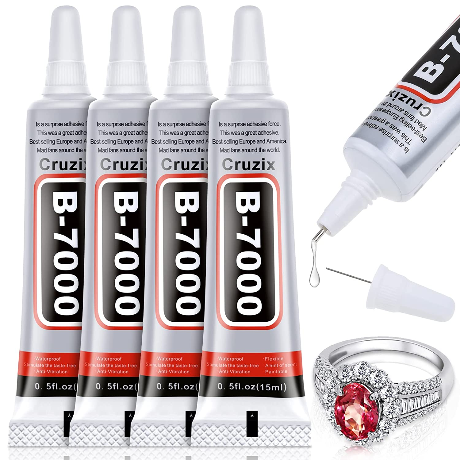 Cruzix B-7000 Glue Clear for Rhinestone Crafts, Jewelry and Bead Adhesive B7000 Semi Fluid High Viscosity Glues for Clothes Screen Repair Metal Stone Nail Art Glass (4X15 Ml/0.5 Oz) image number 1