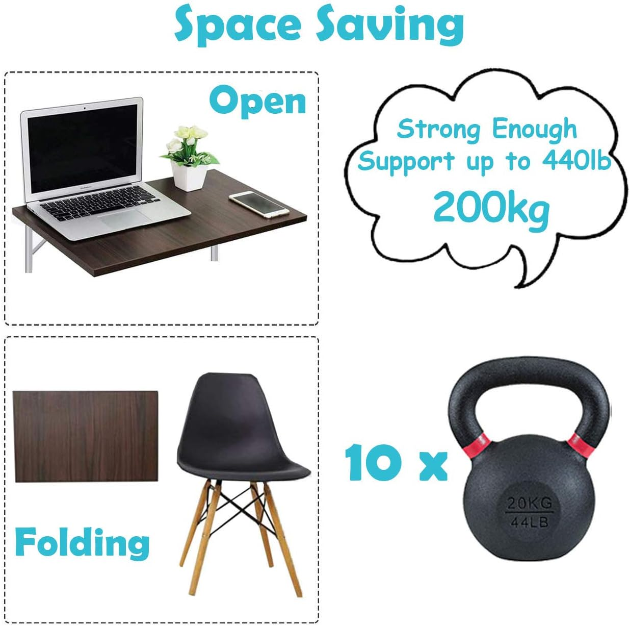 Folding Shelf Brackets Heavy Duty Stainless Steel DIY Wall Mounted Shelf Bracket Space Saving for Table Work Bench, Pack of 2 (Black, 16") image number 2